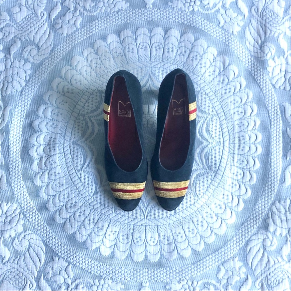 Mondi Vintage Italian Blue Gold and Red Suede Striped Formal Retro Heels